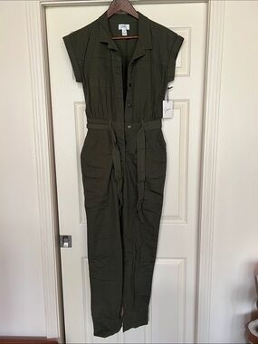 Japna Olive Green Utility Jumpsuit NWT button down with Waist Tie and pockets
